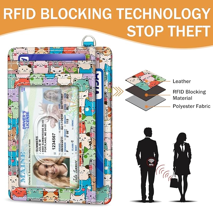 Yonlevres Cat Credit Card Holder Slim Wallet, RFID Wallet Women Front Pocket Small Card Holder, Travel Cute Funny Thin ID Window PU Leather RFID Blocking Case Organizer Gift Girls Ladies