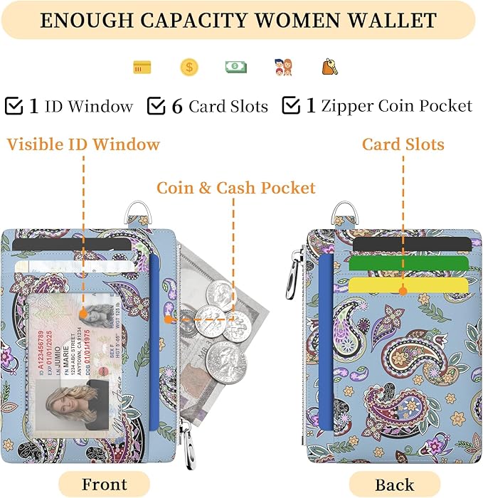 Hancynir Slim Wallet Women Credit Card Holder Boho RFID Blocking Small Cute Card Wallets Mini Front Pocket PU Leather Card Case Thin Travel Zipper Coin Cash Ladies Female Wallet Gifts