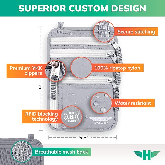 HERO Neck Wallet - RFID Blocking Passport Holder, Easy to Conceal Travel Puch (Ash Grey)