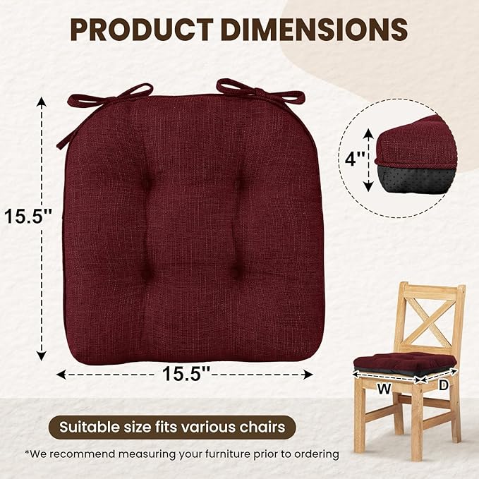 downluxe Indoor Chair Cushions for Dining Chairs, Tufted Overstuffed Textured Kitchen Chair Pads with Ties and Non-Slip Backing, 15.5" x 15.5" x 4", Burgundy, 6 Pack