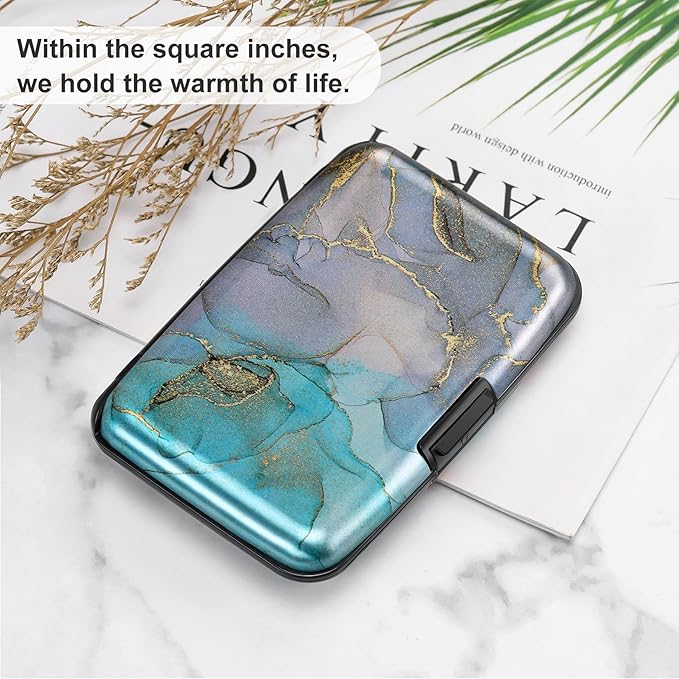 ELFISH Mini RFID Aluminum Wallet Credit Cards Holder Business Card Case Metal ID Case for Men Women（Blue Purple Marble