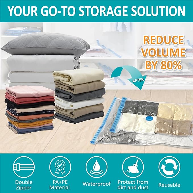 Cozy Essential Vacuum Storage Bags, 80% Compression Vacuum Seal Space Saver Plastic Packaging Bags for Clothes, Blankets, Pillow, Bedding, Comforters, Sealer Clothing Storage,35 Combo