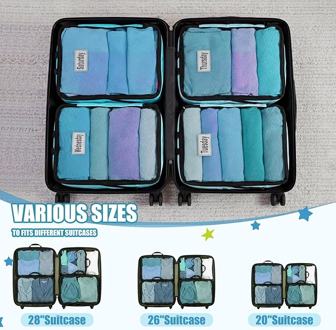 7 Pcs Packing Cubes for Travel Large Days of Week Compression Packing Cube with Labels Luggage Organizers Storage Bag(Blue)