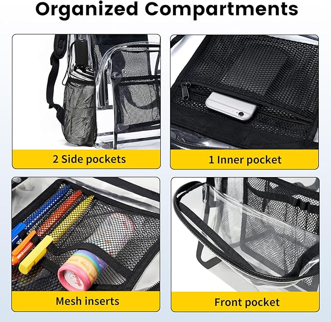 Vorspack Clear Backpack Heavy Duty PVC Transparent Backpack with Reinforced Strap Stitches & Large Capacity for College Workplace Security - Black