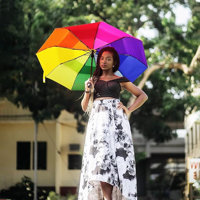 Rainbow Umbrella Automatic for Adults - Compact Folding Auto Open Close Double Canopy Vented Windproof Folding Travel Iridescent Umbrellas for Rain&Sun