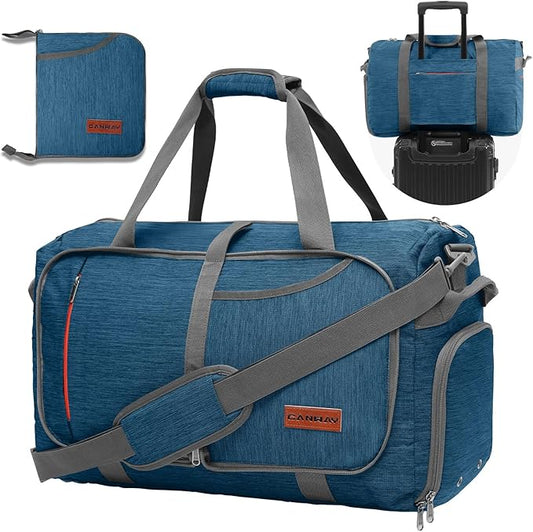 Canway 40L Foldable Duffle Bag for Travel Men & Women Carry On 22"x14"x9" Airline Approved, Small Luggage Overnight Bag with Shoe Compartment, Water-Resistant Gym & Sports Bag