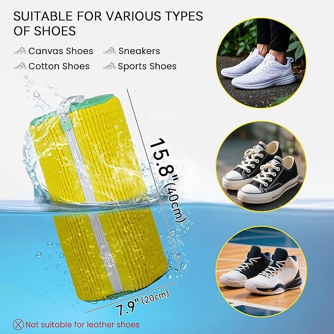 1pc Shoe Washing Machine Bag, Sneaker Laundry Bag for Washing Machine, Extra Long and Thick Microfibre Fluff, Reusable for Washer and Dryer (1pc, Yellowish Green)