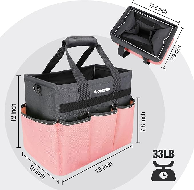 WORKPRO Garden Tool Bag, Heavy Duty Gardening Tote Bag Organizer with 10 Pockets and Long Adjustable Shoulder Strap, Standable Garden Home Tool Kits Organizer, Pink - Pink Ribbon