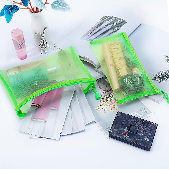 12 Pieces Zipper Nylon Mesh Pouch, Mesh Cosmetic Bags Makeup Bags Pencil Case, Multipurpose Travel Bags for Cosmetic School Office Supplies and Travel Accessories (Green, A5+B6)