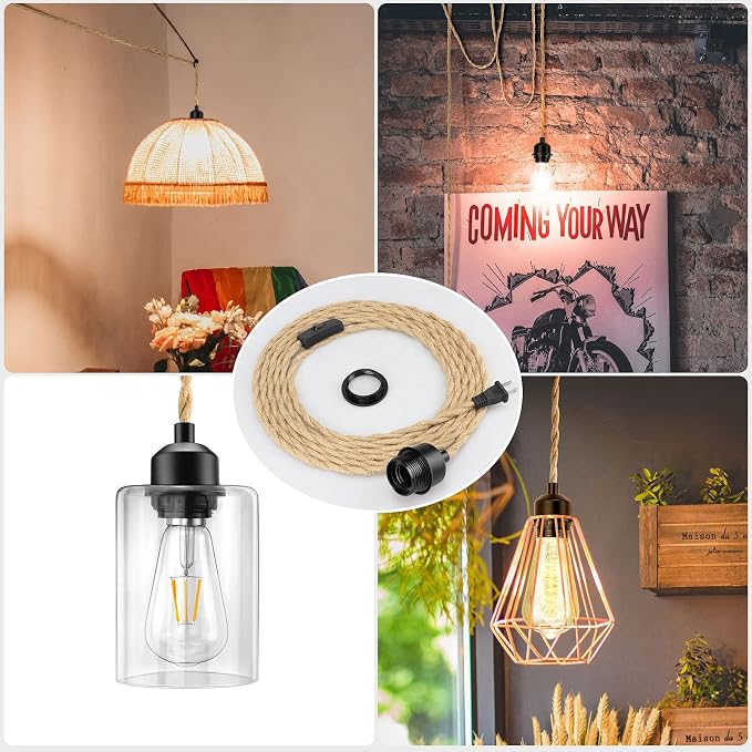 2Pack Plug in Pendant Light Cord, 15FT Hanging Lights Cord, DIY Lamp Kit | Hemp Rope Hanging Light Kit with On/Off Switch, Farmhouse Plug in Hanging Light Pendant Light Kits, Bulb NOT Included