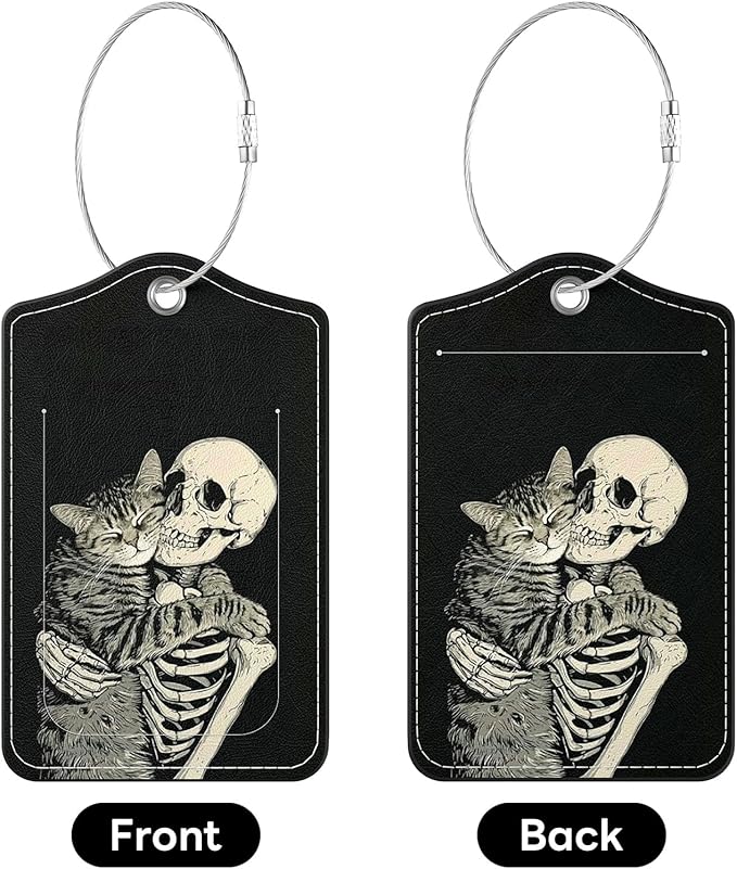2 Pack PU Leather Luggage Tags for Suitcases, Privacy Protection Cover with Stainless Steel Loop and Address Card, Travel Cruise Essentials (Cat Skull)