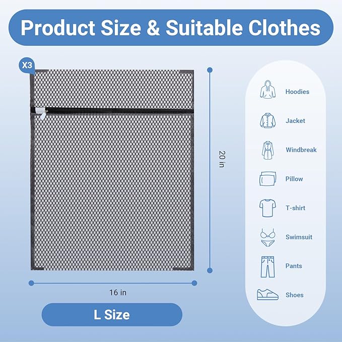 3Pcs 16 x 20 Inches Laundry Bags for Delicates, Durable Honeycomb Mesh Laundry Bags, Sturdy Zipper Laundry Bag for Lingerie, Clothes, Shoes, Socks, Gray