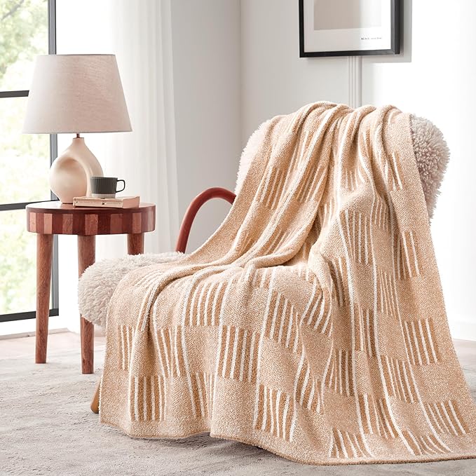Snuggle Sac Checkered Throw Blanket Faux Fur Microfiber Blankets for Couch,Reversible Soft Cozy Warm Blanket for Sofa Bedroom,Cute Lightweight Striped Throws for Women,Heather Beige,60x80 inches