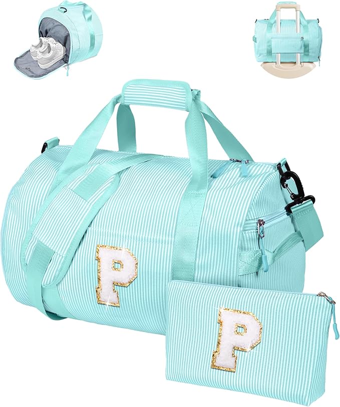 Daughter Birthday Gift from Mom, Girls Travel Duffle Bag, Kids Initial Overnight Bags with Shoe Compartment, Personalized Weekend Bag with Cosmetic Pouch, Teen Girl Trendy Stuff (Letter P)