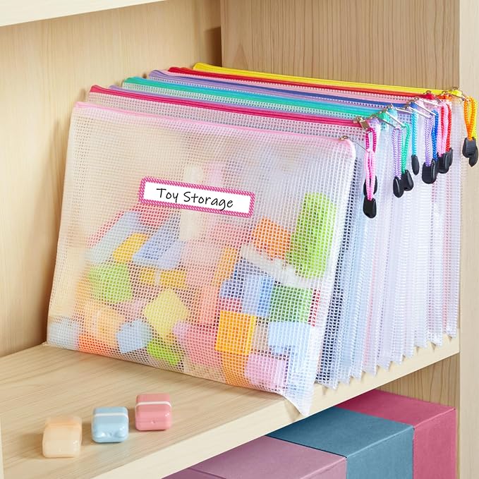 Sooez 24 Pack Mesh Zipper Pouch with Sticky Labels, A4 Mesh Bags, Toy Storage Board Game Puzzles Organization, Sturdy Letter Size File Folders Organizer for Teacher School Classroom Office Supplies