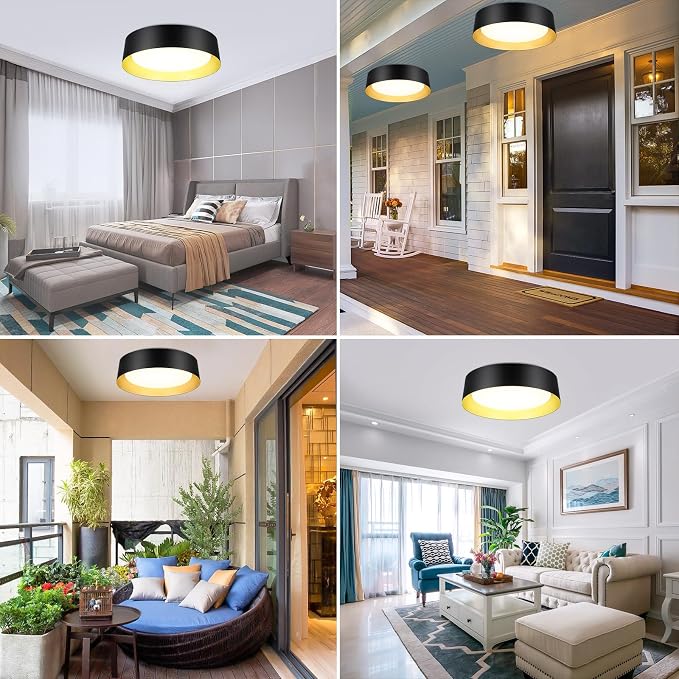 Flush Mount Ceiling Light, 16in Modern Ceiling Light 5 Color Temperature | 30W Bathroom Ceiling Light Fixture, 3000LM Dimmable LED Flush Mount Light for Bedroom, Hallway, Kitchen, Black & Gold, 2-Pack