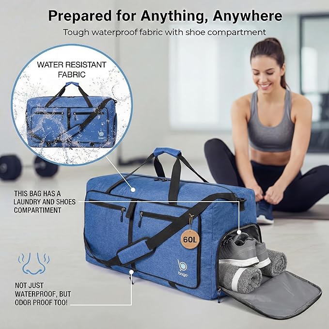 Bago Medium Duffle Bag for Travel Women & Men. Durable Lightweight Foldable Travel Duffel Bags For Traveling Women. 60L Duffle Bags For Overnight Bag With Shoe Compartment Collapsible Weekender duffel