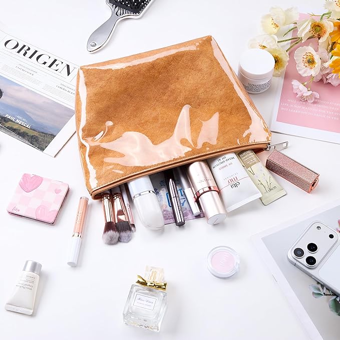 WLLWOO PVC Waterproof Makeup Bag Kraft Paper Cosmetic Bag Travel Toiletry Zipper Pouch Organizer for Women Purse