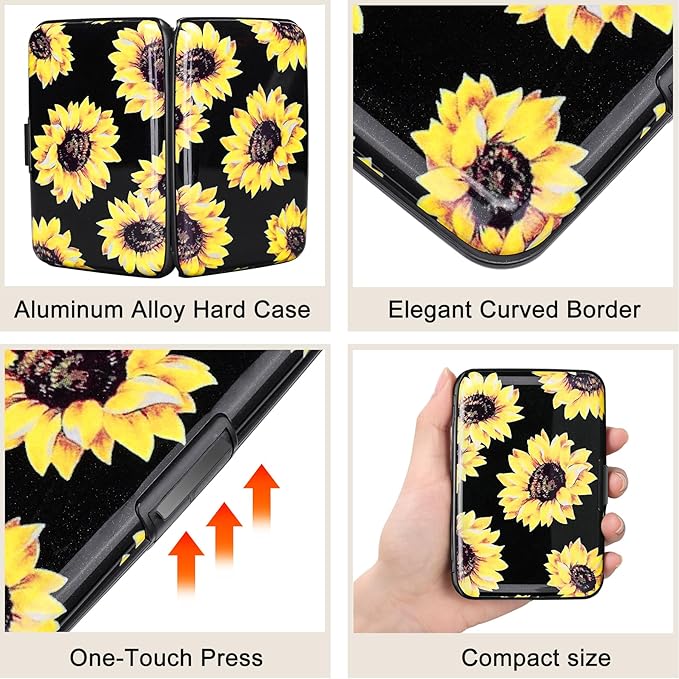 ELFISH Mini RFID Aluminum Wallet Credit Cards Holder Business Card Case Metal ID Case for Men Women (Yellow sunflower)