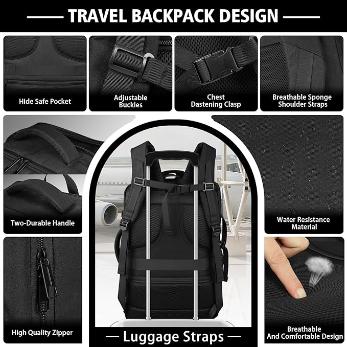 Roomy Carry On Backpack with LifetimeWarranty, Expandable Large Capacity Travel Backpack with USB Cable Port,Fits18.4" Laptop,Water Resistant Anti Theft Carry on Laptop Backpack,Flight Approve,Black