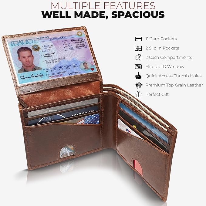 BULL GUARD Mens RFID Blocking Bifold Wallet Top Grain Leather in Grizzly Brown, Secure and Durable Extra Capacity Billfold with 11 Credit Card Slots, Tight Stitching, Quick Thumb Push Access, No Logo