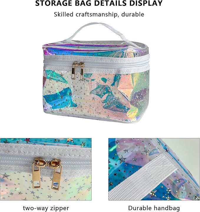 Waterproof Blue Star Print PVC Makeup Bag with Handle - 8.66 * 5.51 * 5.51 inch Travel Cosmetic Organizer for Women Men Toiletry Pouch (Blue Star-L)