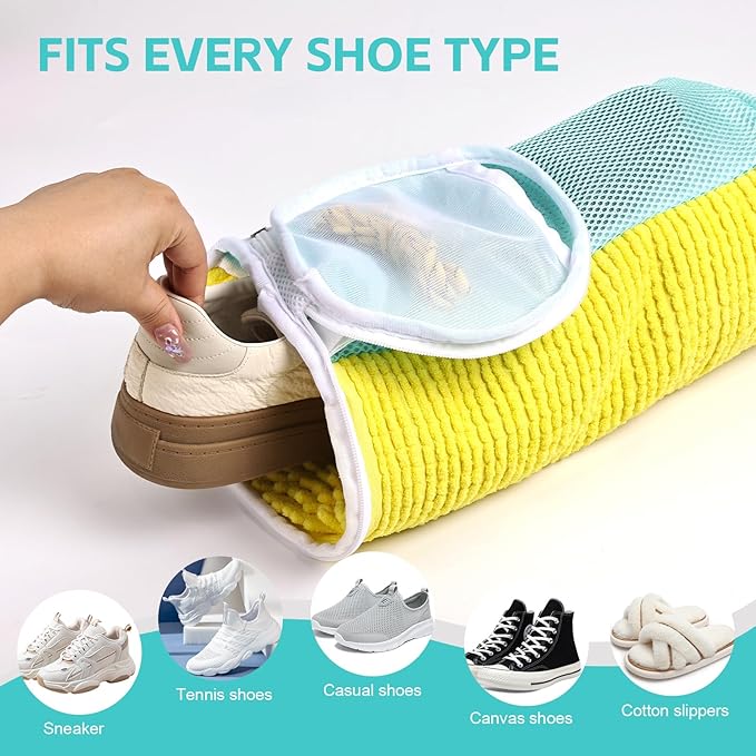 Shoe Washing Machine Bag Reusable Sneaker Washing Bag with Built-in Fluffy Brushes for 360° All-Around Cleaning. Laundry Shoe Bag is Designed for Washer and Dryer （Yellow 2pcs Pro）