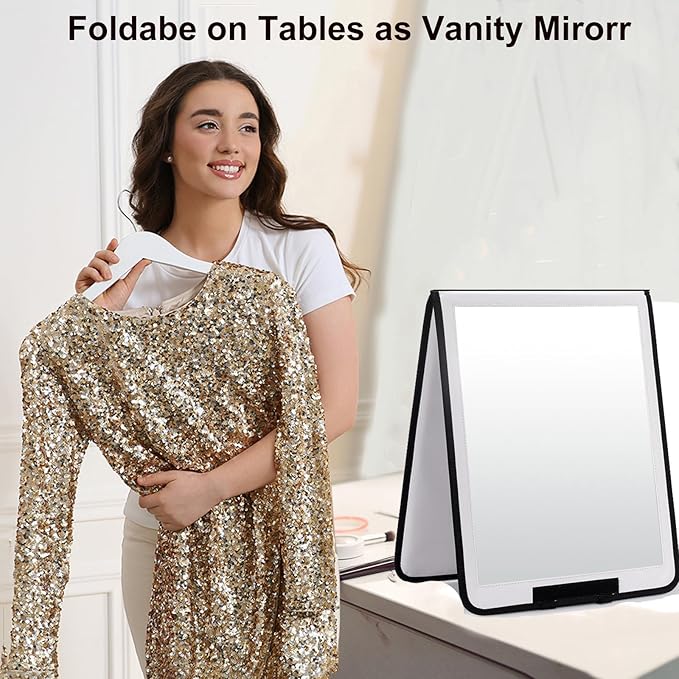 LPHUMEX Foldable Full Length Mirror White with Black Handles Hanging, 13x33 inch Portable Folding Body Mirror for Dance, Festival, Travel