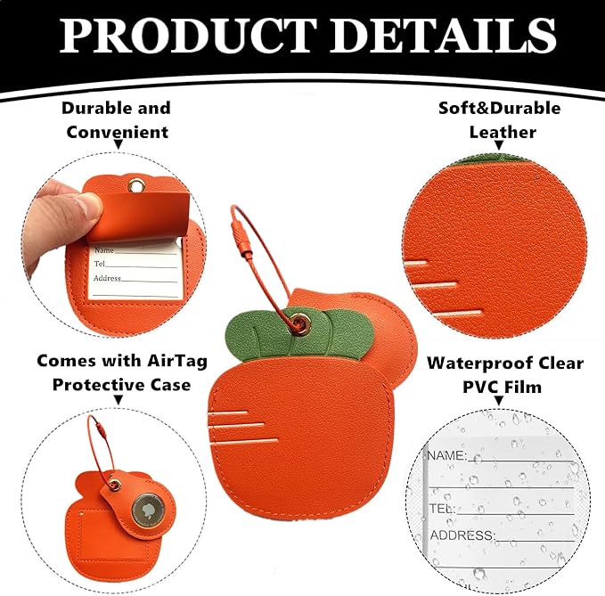 Cute Leather Luggage Tag Holder with Airtag Case Set,Hidden Compartment for AirTag Travel Suitcase Tracking Case with Stainless Steel Loop,Name ID Label(Carrot)