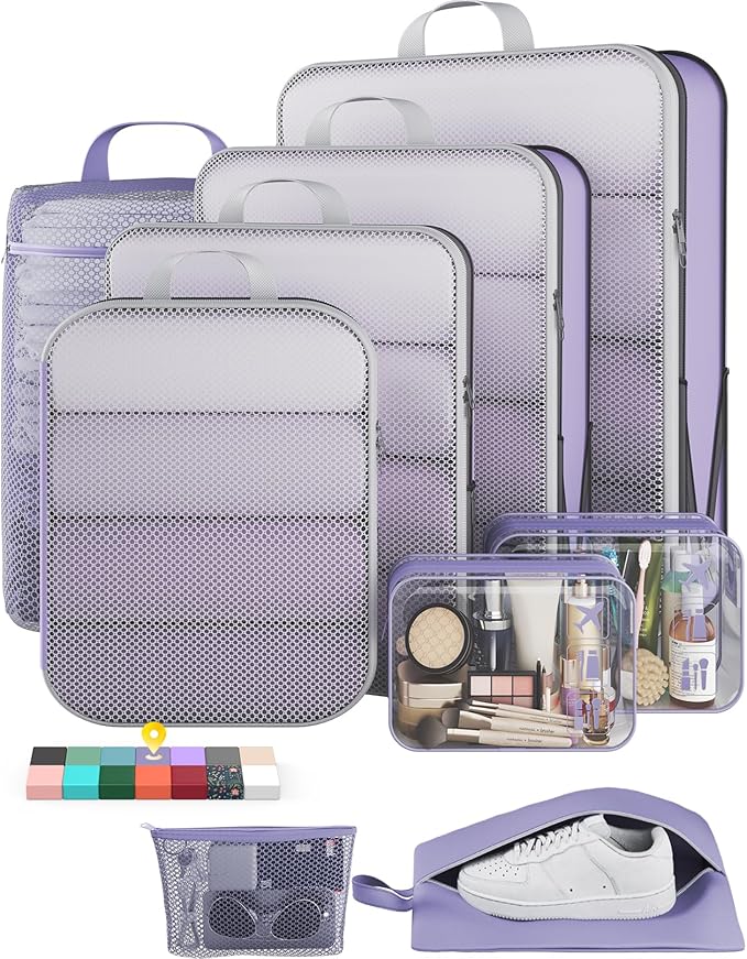 Veken 9/11 Set Compression Packing Cubes for Travel Essentials,Compressible Expandable Large Luggage Suitcase Organizer Bags for Clothing,Durable Space Saver Storage Bags(Purple Gray)