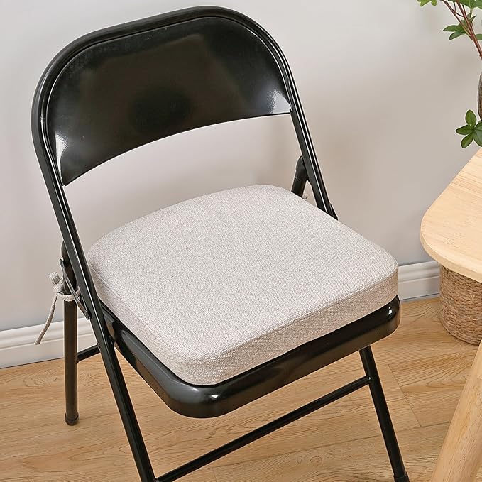 SINOSSO Memory Foam Chair Cushion for Folding Chair 1 Pcs, Thickened 2" Square Kitchen Chair Pad with Ties, Indoor Non-Slip Dining Chair Seat Cushion (1 Pcs, Beige-Gray)