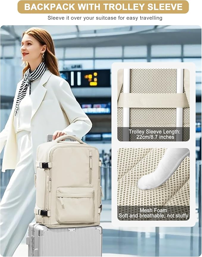 VGCUB Large Travel Work Business Backpack Carry on flight Approved 17 Inch Laptop Backpack for Women Men with Laptop Compartment Mochila de Viaje,Beige | Travel, Work, Business, 17 Inch