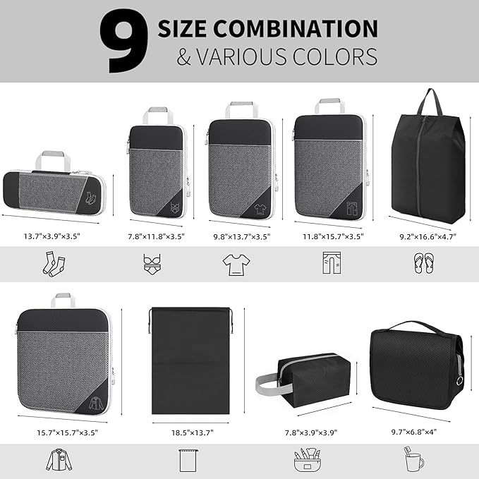 9-Set Packing Cubes with Hanging Bag | 9-Size Combination, Mesh Fabric & Reflective Stripe | Travel Luggage Organizers (Black)