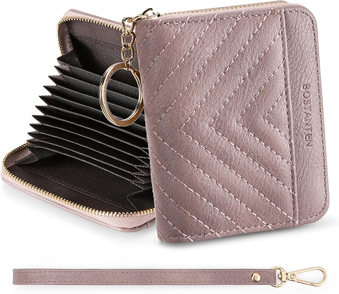 BOSTANTEN Credit Card Holder Wallet RFID Blocking Leather Small Wallet for Women Zipper Keychain Wallet with Wristlet Purple
