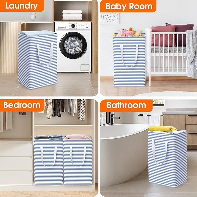3 Pack Large Laundry Basket,Waterproof & Freestanding Laundry Hamper,Collapsible Clothes Hampers with Easy Carry Long & Reinforced Handles in Bathroom,College Dorm(88Lx3,Blue)