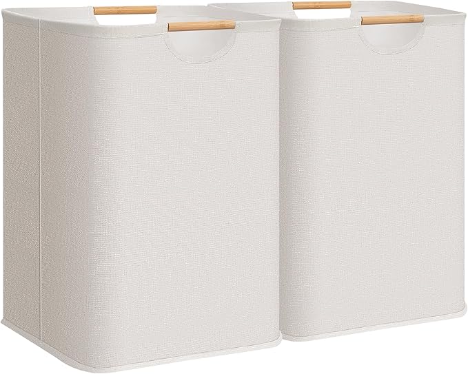 STORAGE MANIAC 2-Pack Large Laundry Hamper, 100L (26.4 Gal) Collapsible Laundry Basket with Bamboo Handles, Freestanding Waterproof Clothes Hamper for Laundry Room, Bedroom, Dorm, Towels, Toys, White