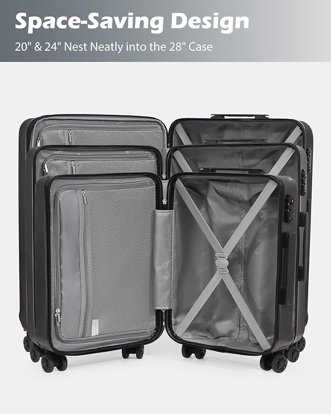 Coolife Luggage 3 Piece Set PC+ABS Hardshell Suitcases with TSA Lock, Spinner Lightweight (sliver, 3 piece set)