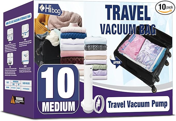 Travel Vacuum Bags with Electric Pump, Vacuum Travel Bags for Luggage and Suitcase, Clothes Clothing, Medium 10 Pack