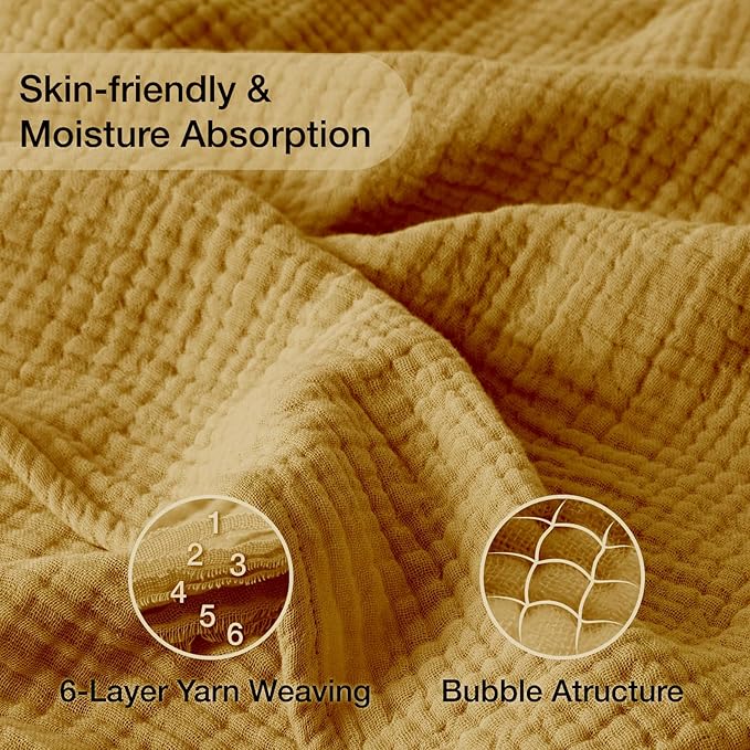 100% Cotton Muslin Blanket Large 50"x 70", 6 Layers Breathable and Lightweight Cotton Throw Blankets for Couch, Soft Cooling Summer Gauze Blanket for Adults All Season, Mustard