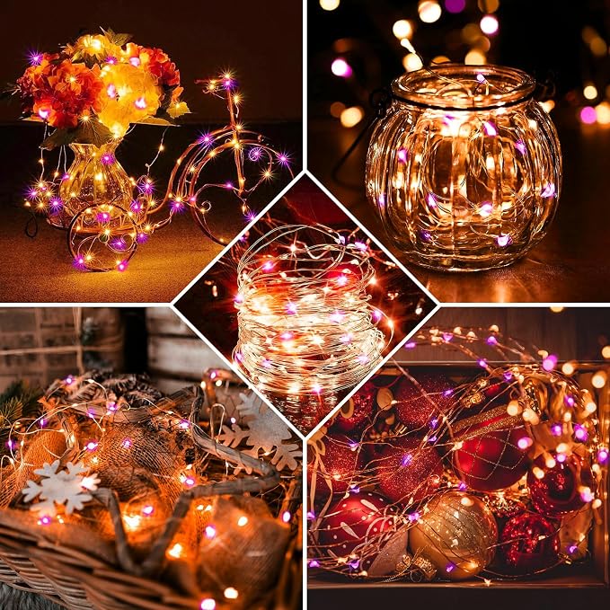 100 Pack Fairy Lights 7Ft 20 LED Twinkle String Lights Battery Operated Waterproof Firefly Starry for Mason Jar Party Wedding Christmas Valentines Day,Orange&Purple