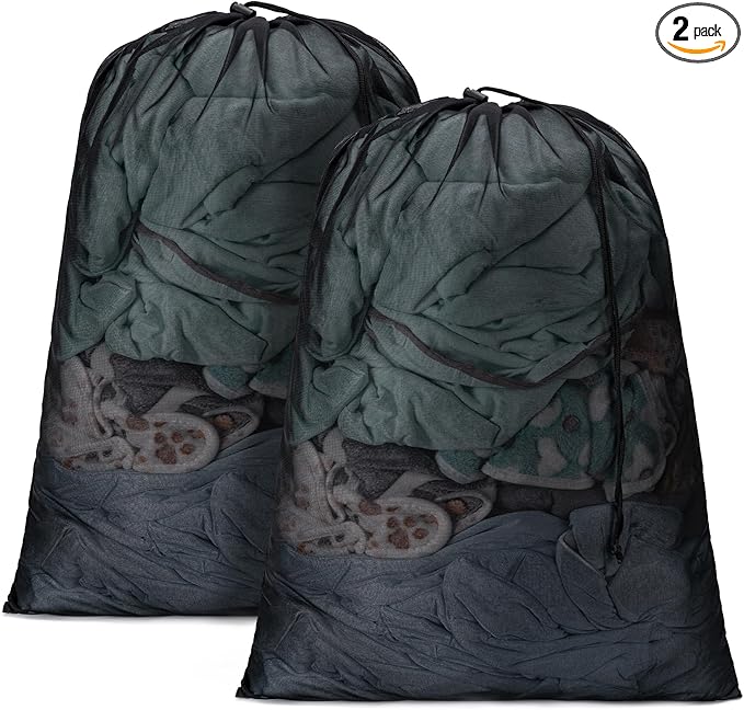 2 Pack Mesh XL Laundry Bags,Machine Washable Dirty Clothes Organizer with Drawstring and ID Tag, Large Laundry Hamper Liner Enough to Laundry Essentials for Travel, Sports(24"x 36",Black)