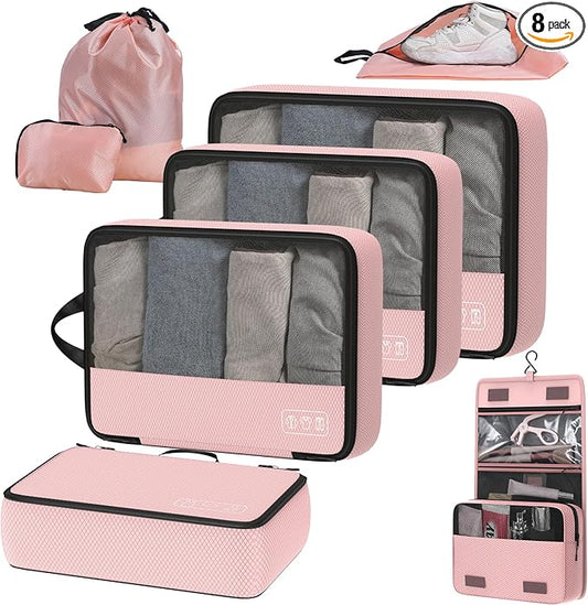 8-Piece Compression Packing Cubes for Travel, Stylish Luggage Organizer Set for Women, Space Saving Travel Essentials, Perfect for Vacation Cruise, Weekend Getaways & Carry-On Packing - Light Pink