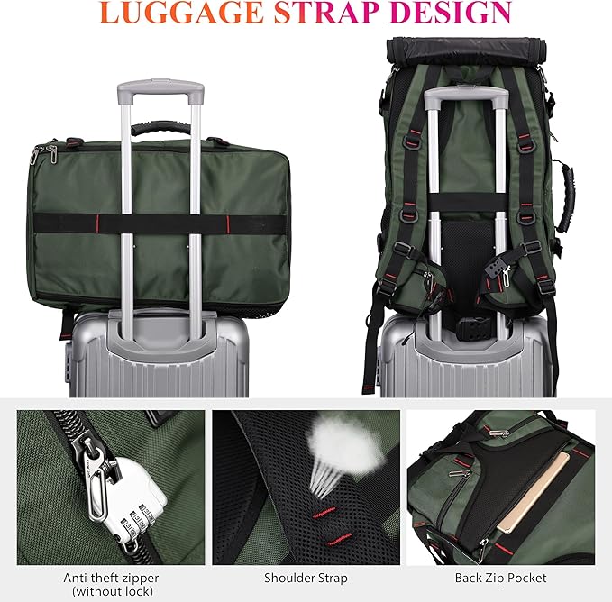 WITZMAN Carry on Travel Backpack for Men Women Airline Approved Convertible Nylon Duffle Backpack Luggage Bag (B682 Army Green)