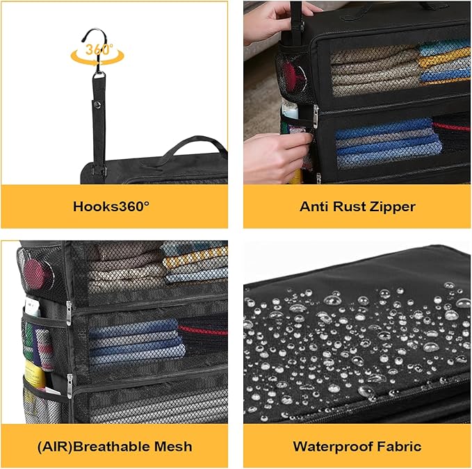 Suitcase Organizer, Travel Luggage Organizer Portable Hanging Travel Shelves Collapsible Hanging Packing Cubes for Carry on Suitcase with 5 Medium Vacuum Storage Bags and Hand Pump,Black