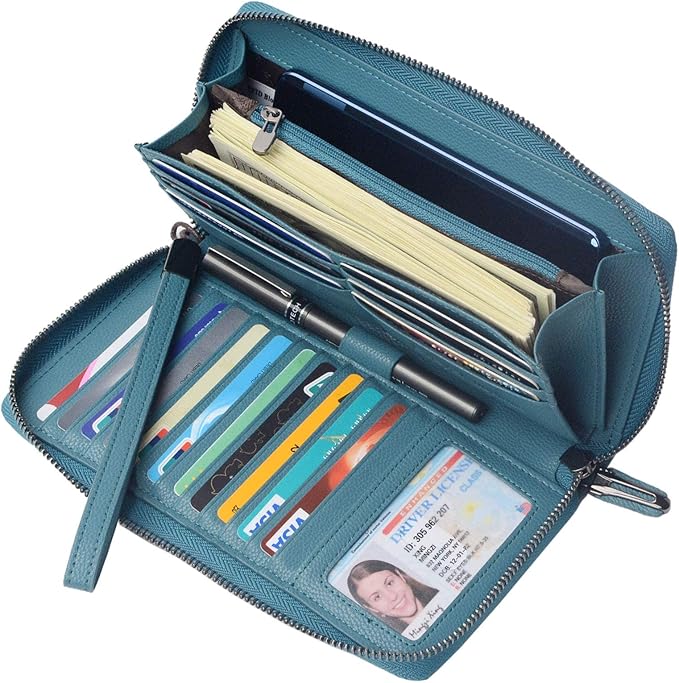 Bveyzi Women RFID Blocking Wallet Leather Zip Around Phone Clutch Large Capacity Ladies Travel Purse Wristlet | RFID Blocking, Zip Around, Large Capacity