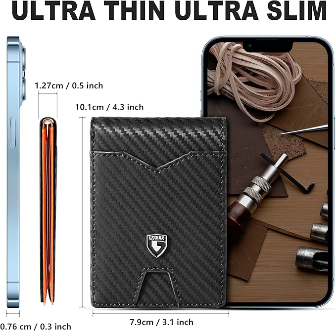 GSOIAX Slim Wallet for Men Rfid Blocking Leather Bifold Front Pocket Carbon Fiber Credit Card Holder Novelty Wallets With Gift Box (Carbon Black and Orange)