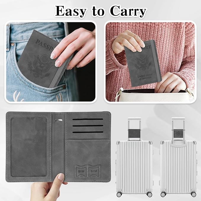 Passport Holder for Travel, RFID Blocking Passport Cover with Pen Holder Leather Passport Wallet Case Travel Must Haves Accessories Passport Book Card Holder for Family Travel Essentials Gifts, Gray