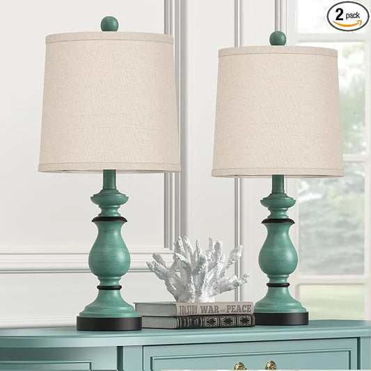 Traditional Table Lamp Set of 2, Rustic Farmhouse Table Lamps for Living Room Bedroom, 22" Bedside Desk Lamps Vintage Nightstand Lamps with Linen Shades, Green