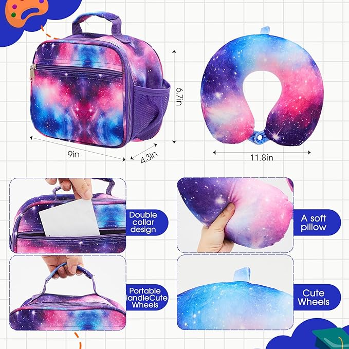 Redbaker 17 Inch 6 Pcs Kids Luggage Set Kids Rolling Luggage Double Pattern Suitcase for Boys Girls (Blue Purple, Starry Sky Style)