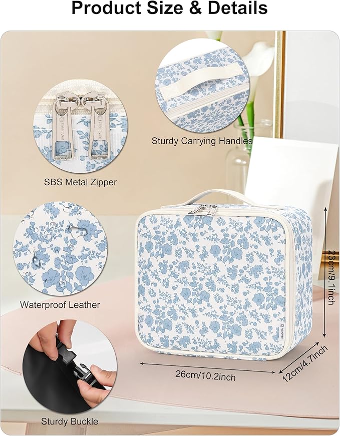 Relavel Travel Makeup Bag with LED Mirror, Portable Cosmetic Train Case with 3 Color Lighted Brightness Mirror, Makeup Artist Organizer Storage with Adjustable Dividers Make Up Box - Blue Flower